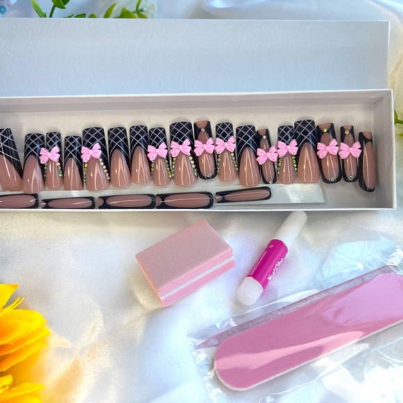 Other - Chic Nude & Black Press-On Nails with Rhinestones and 3D Bow Accents